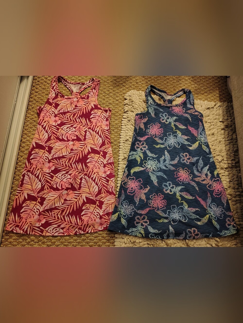 (2) SO Girls' Pink Tropical Leaf & Blue Floral Tank Dresses